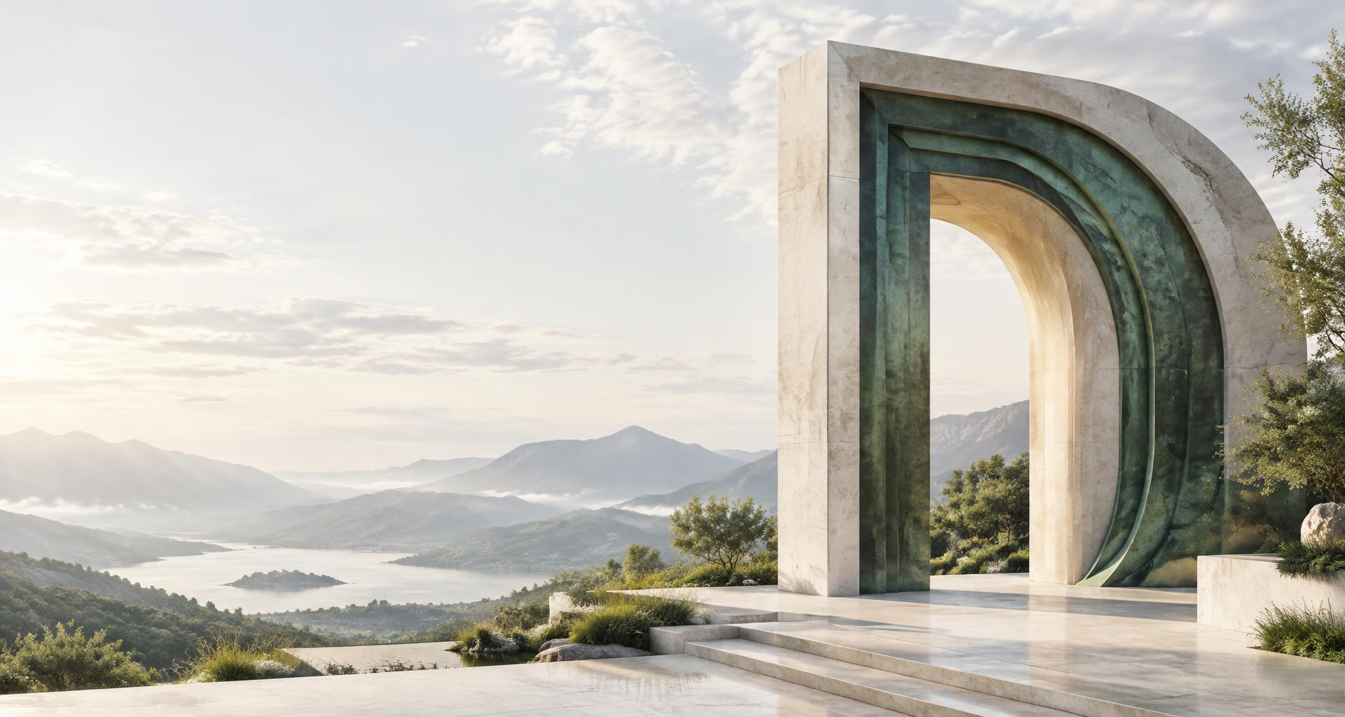 Layered protective architecture overlooking a green mountain landscape
